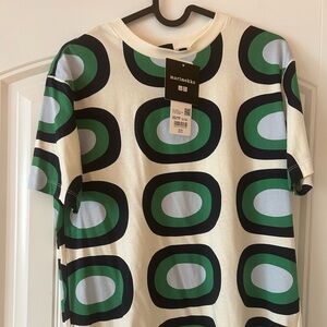New Marimekko Uniqlo White/ Cream Shirt with Green and Black Ovals. NWT